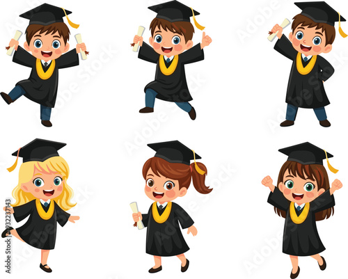 Cartoon children celebrating graduation in caps and gowns – joyful diploma holding student vector set for education and achievement design