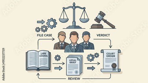 Legal Process Flowchart Illustrating Court Case Proceedings.