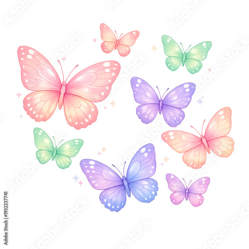 pastel butterfly collection, pastel butterflies, butterfly illustration, glowing butterflies, subtle glow, soft aesthetic, dreamy butterflies, delicate wings, whimsical illustration, magical butterfli