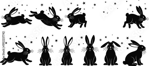 Collection of black rabbit silhouettes in various poses including jumping, running, and sitting with decorative stars for Easter or nature themed graphic designs.