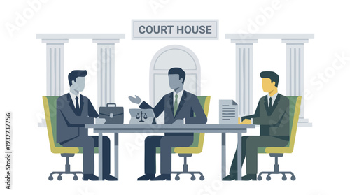 Three lawyers in suits discussing a case at a table.