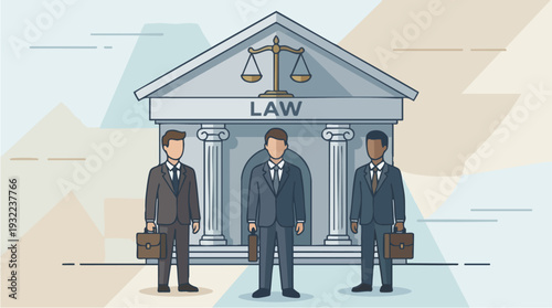 Three lawyers standing in front of a courthouse building.