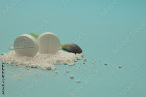 Minimal pharmaceutical concept with tablets and organic texture