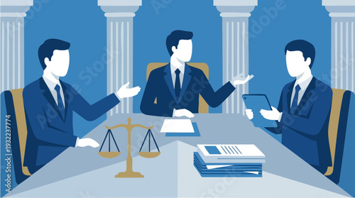 Three lawyers in suits discussing legal matters around a table.