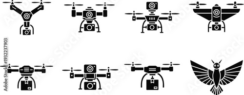 Drone silhouette vector illustration set, quadcopter and multi-rotor designs with camera payloads, aerial technology graphic art, biomimicry concept, bird flight comparison resource