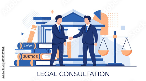 Two businessmen shaking hands in a legal consultation setting.