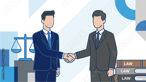 Two businessmen shaking hands in agreement with legal symbols present.