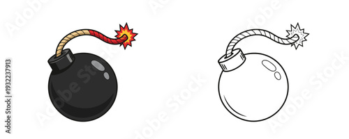 Round black bomb with burning fuse in colored cartoon style and black line art version representing explosive weapon for attack or war isolated on white background