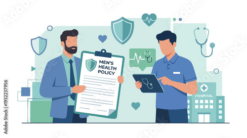 Two men discussing mens health policy document and tablet.