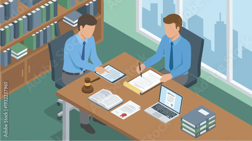 Two businessmen discussing legal documents at a desk.