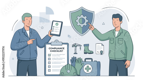 Two men in work clothes discuss compliance checklist and safety gear.