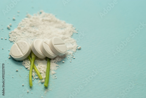 Minimal pharmaceutical concept with tablets and organic texture
