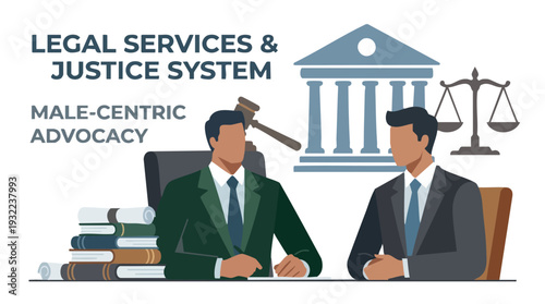 Two men in suits discussing legal matters with a gavel and books.