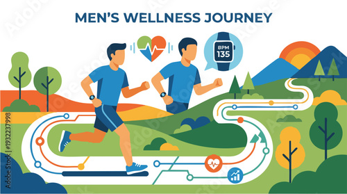 Two men running on a wellness journey track.