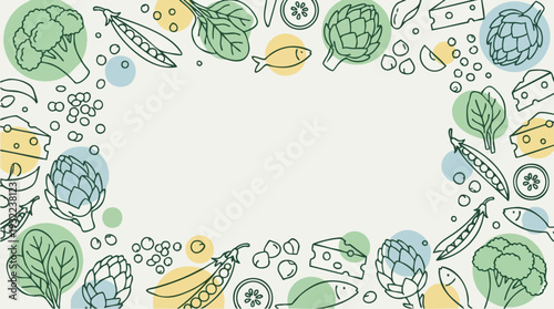 Healthy Food Ingredients Border Design with Vegetables and Fish.
