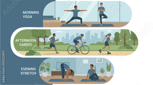 Healthy lifestyle with morning yoga afternoon cardio and evening stretch.