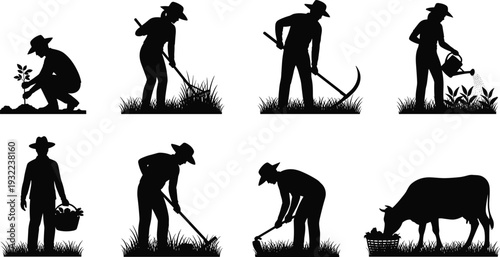 Farming silhouette vector illustration set, people and animals performing agricultural tasks including planting, harvesting, watering, and soil tilling, rural lifestyle graphic design resource