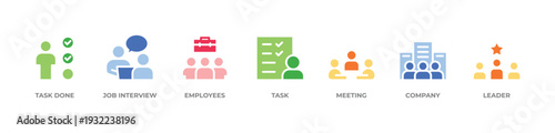 Business Success Icons set vector illustration glyph color with Task done , Job interview, Employees, Task, Meeting, Company, Leader