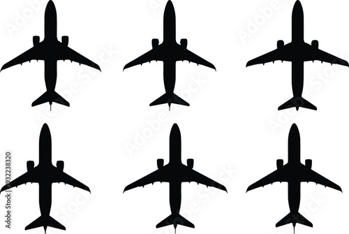 Six black airplane silhouettes, viewed from a top-down perspective, uniformly arranged on a clean white background, symbolizing global travel, aviation, and modern transport.