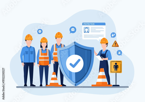 Construction Workers Protecting Safety Shield with Check Mark.