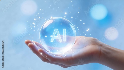 Human hand holding a glowing crystal sphere with 'AI' text inside, symbolizing artificial intelligence, innovation, and future technology – futuristic digital concept