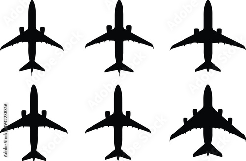 Six black airplane silhouettes, viewed from a top-down perspective, uniformly arranged on a clean white background, symbolizing global travel, aviation, and modern transport.