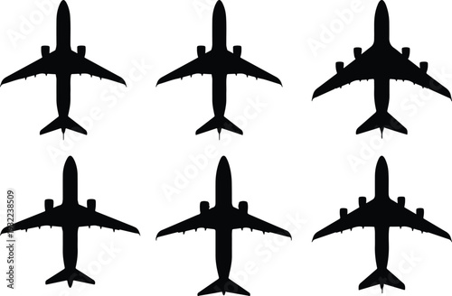 Six black airplane silhouettes, viewed from a top-down perspective, uniformly arranged on a clean white background, symbolizing global travel, aviation, and modern transport.
