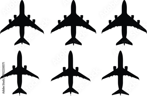 A collection of six identical black airplane silhouettes, viewed from directly above, arranged neatly against a clean white background, symbolizing global travel and aviation industry.