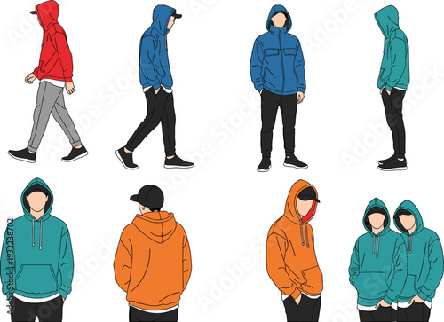 Hoodie fashion vector illustration set, people in colorful sweatshirts posing in various styles and movements, modern apparel graphic art, lifestyle clothing design resource