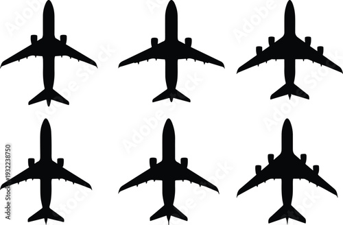 Six striking black airplane silhouettes are uniformly arranged, seen from above, on a crisp white background, effectively illustrating concepts of international flights and seamless air travel.