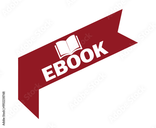 Red ribbon banner displaying an open book and the word ebook
