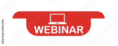 Red icon displaying a vintage telephone with a laptop and webinar text