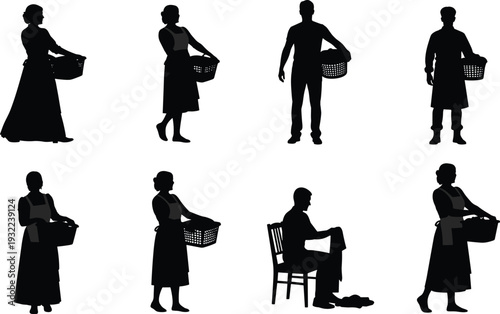 Laundry silhouette vector illustration set, people with baskets folding clothes and performing domestic chores, household activity graphic art, lifestyle design concept, everyday work resource