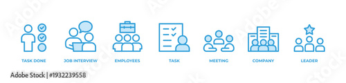 Leadership Strategy Icons set vector illustration outline blue with Task done , Job interview, Employees, Task, Meeting, Company, Leader
