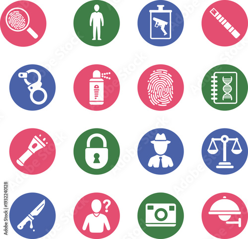 Forensic and crime investigation icons set, fingerprint DNA evidence police symbols isolated on white background, flat vector