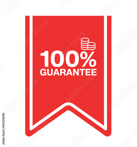 Red label displaying a 100 guarantee with coin stack graphics