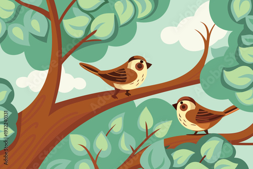 Two small brown birds perch on branches amidst green foliage
