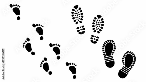 A trail of footprints showing a path or journey in black silhouette