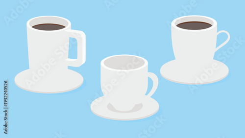 Isometric view of three white ceramic cups two filled with coffee