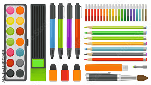 Colorful art supplies including watercolors pens pencils and brushes arranged neatly