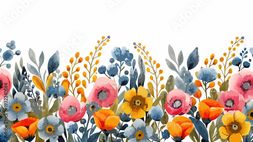 Watercolor floral border featuring colorful blooms and lush greenery