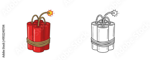Bundle of red dynamite sticks with burning fuse in colored cartoon style and black line art version representing explosive weapon for attack