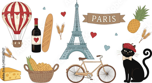Paris Travel Illustration Set with Eiffel Tower Hot Air Balloon Wine Bread Bicycle Cat and French Symbols Vector Collection