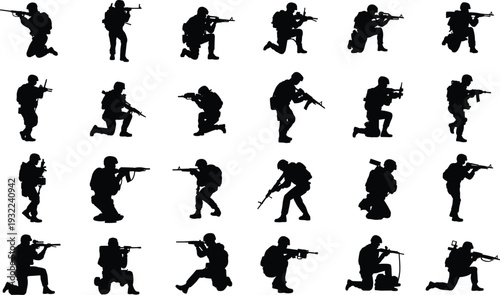 Military soldier silhouettes set, armed army combat action poses isolated on white background, tactical warfare vector illustration