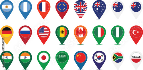 World Country Flag Map Pin Icons Set with USA UK EU Japan China India Germany and More Vector Illustration