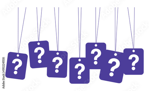 Hanging purple tags with question marks isolated on a white background
