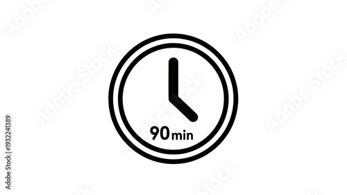 Clock Icon with 90 Minutes Label, Minimalist Black and White Timer Symbol, Graphic Element for Time Management and Scheduling Concepts