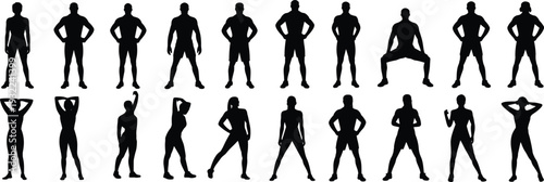 Male and female fitness silhouettes collection, athletic bodybuilding poses isolated on white background, sport workout vector illustration set