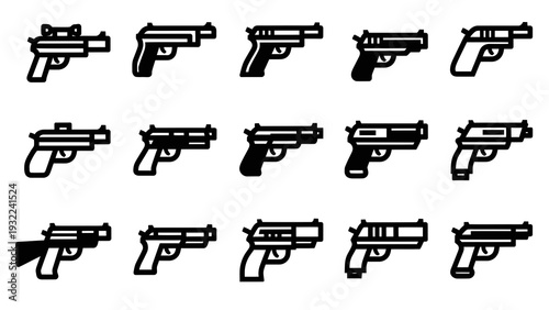Collection of Handgun Icons and Silhouettes, Vector Style Graphic, Weaponry and Security Concepts, Isolated on White Background