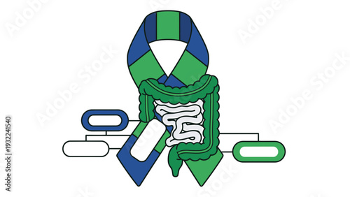 Colon Health Awareness Ribbon and Intestines Graphic Illustration with Blank Boxes for Text, Medical Concept